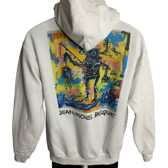 Jean Michel Basquiat Hoodie Sweatshirt S White Robot Kangaroo Pocket Pop Art - Picture 1 of 7